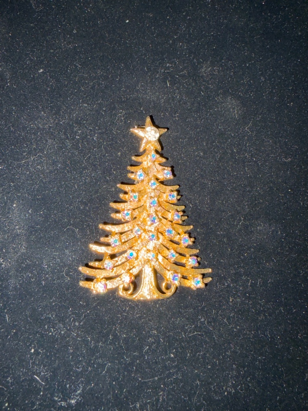 Gold Christmas Tree Brooch with Aurora Borealis Stones